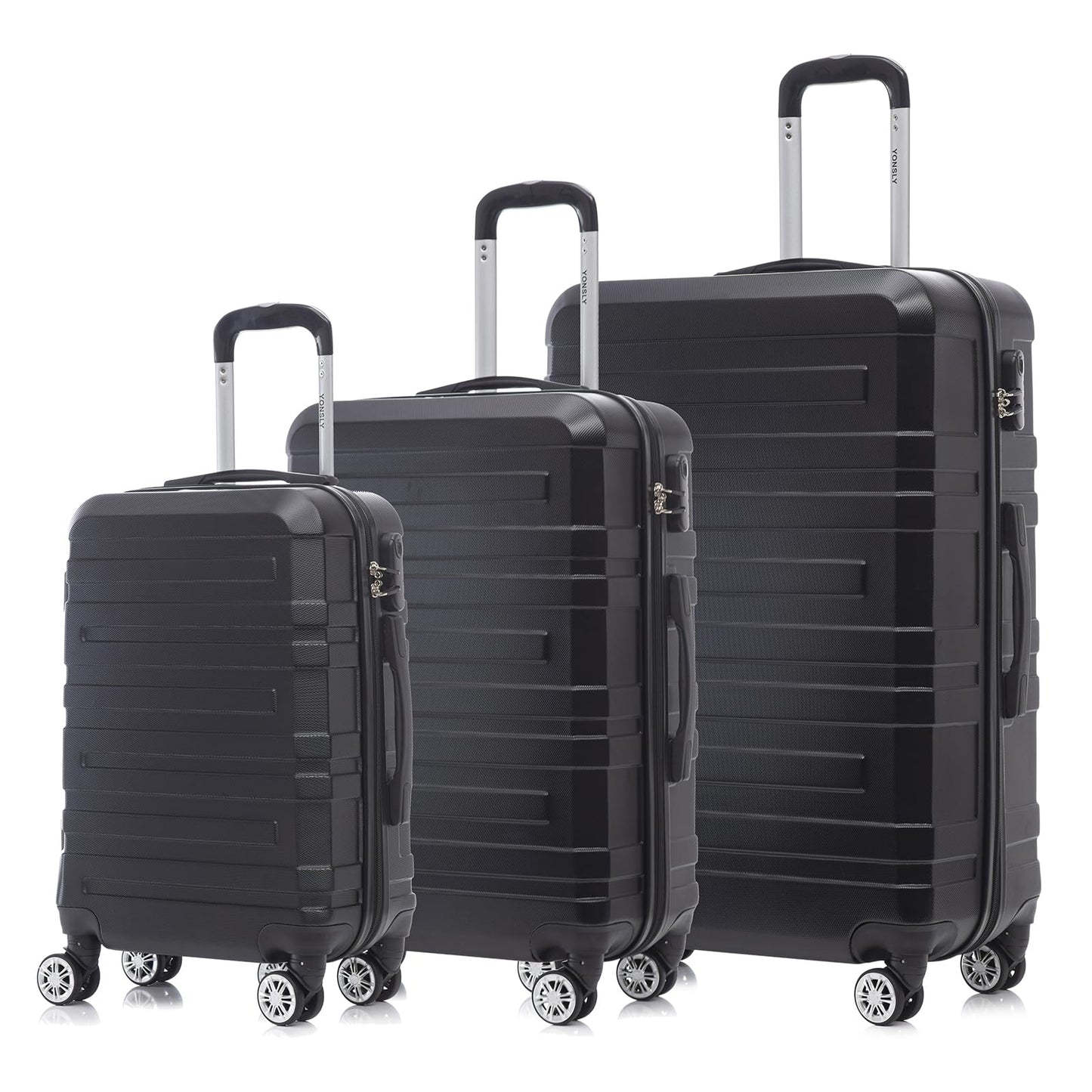 3-teiliges Trolley-Kofferset mit Hartschale, 4 Doppelrollen und Zahlenschloss, schwarz