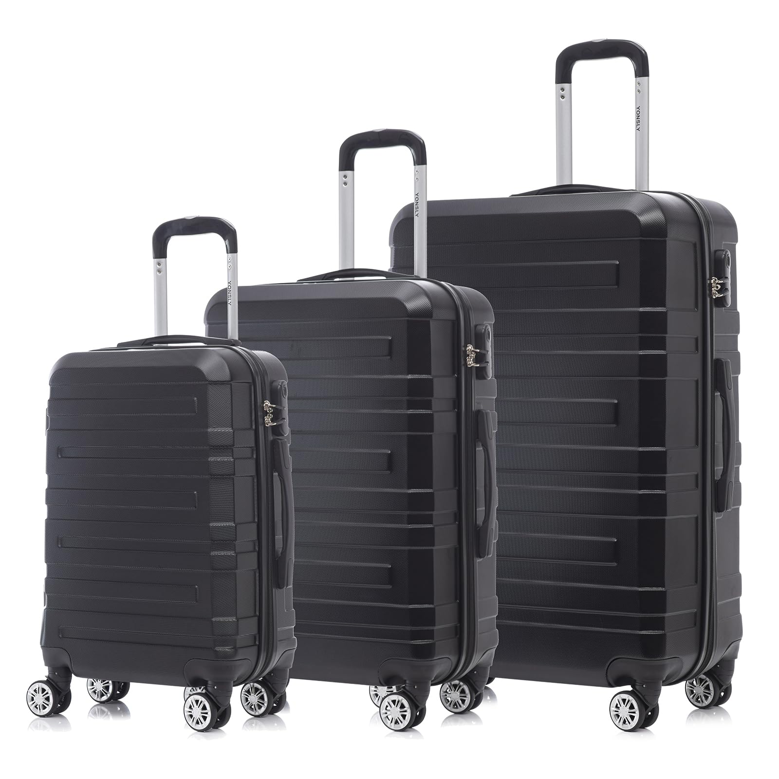 3-teiliges Trolley-Kofferset mit Hartschale, 4 Doppelrollen und Zahlenschloss, schwarz