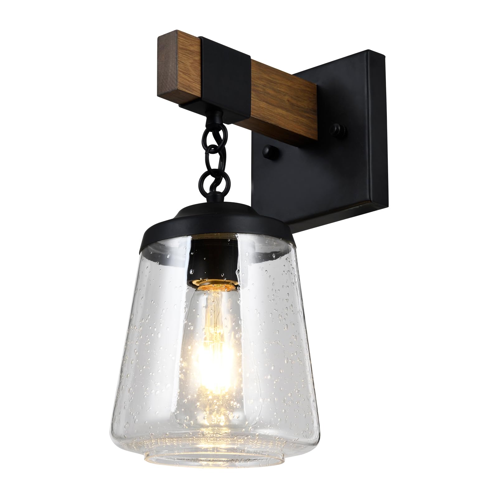 Retro Wandleuchte mit mattschwarzer Halterung, Kette und glockenförmigem Glas-Schirm