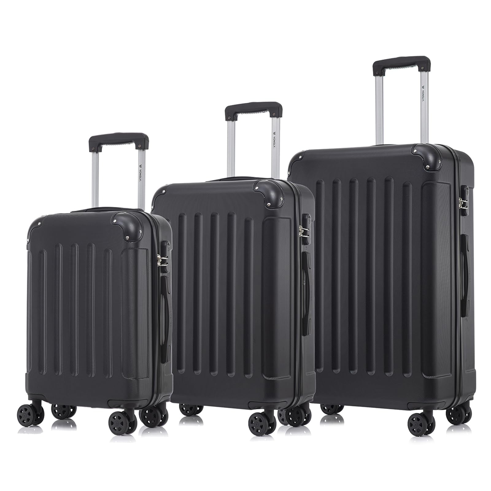 Hartschalen-Kofferset mit 3 Trolleys, 4 Rollen und ausziehbarem Griff, schwarz