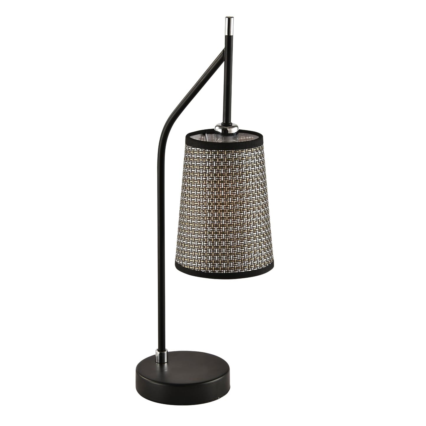 Tischlampe mit dunkelgrauem Stoffschirm, schwarzem Ständer und runder schwarzer Fußplatte