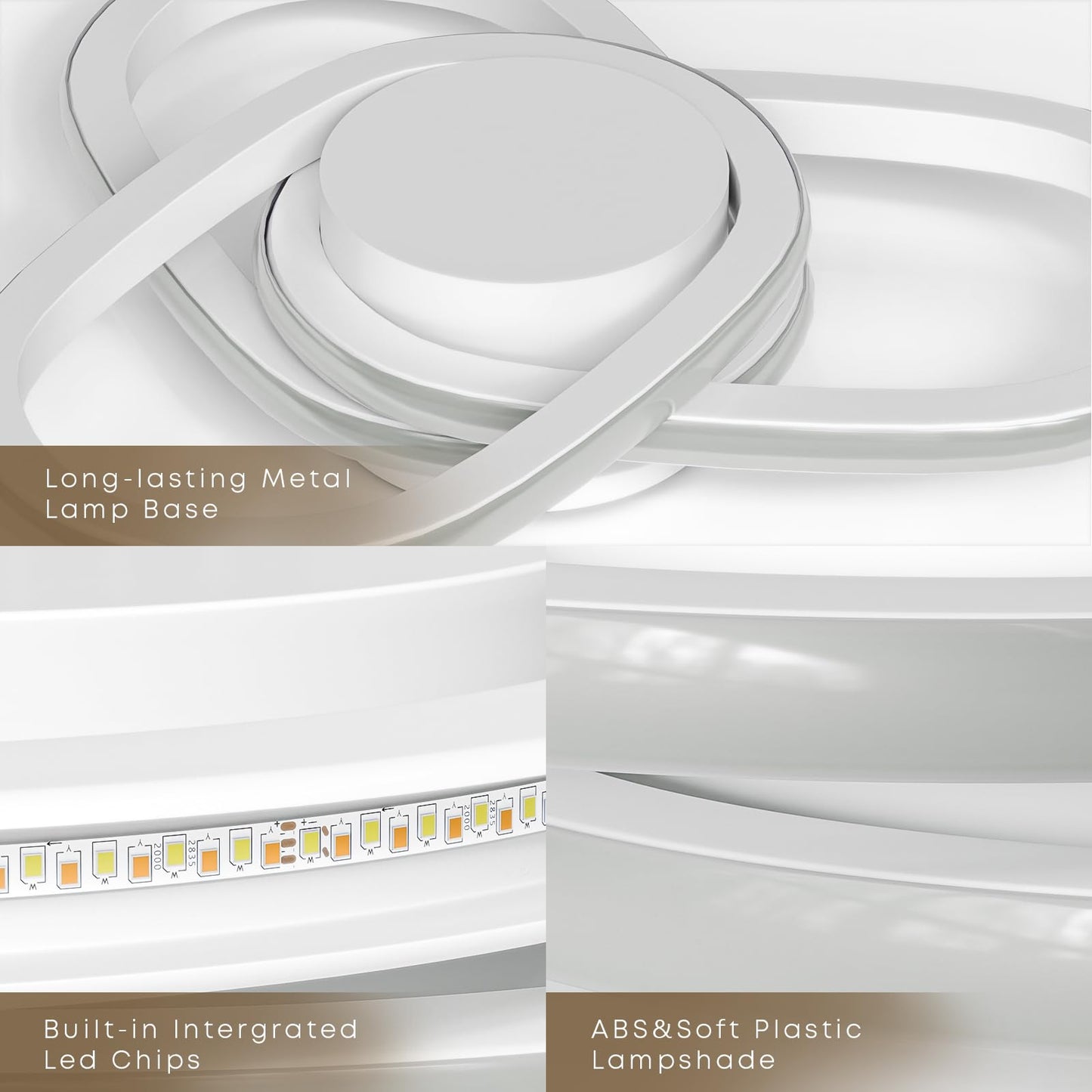 LED-Deckenleuchte, Detail mit weißem Lichtkranz aus Acryl und runder Metallbasis