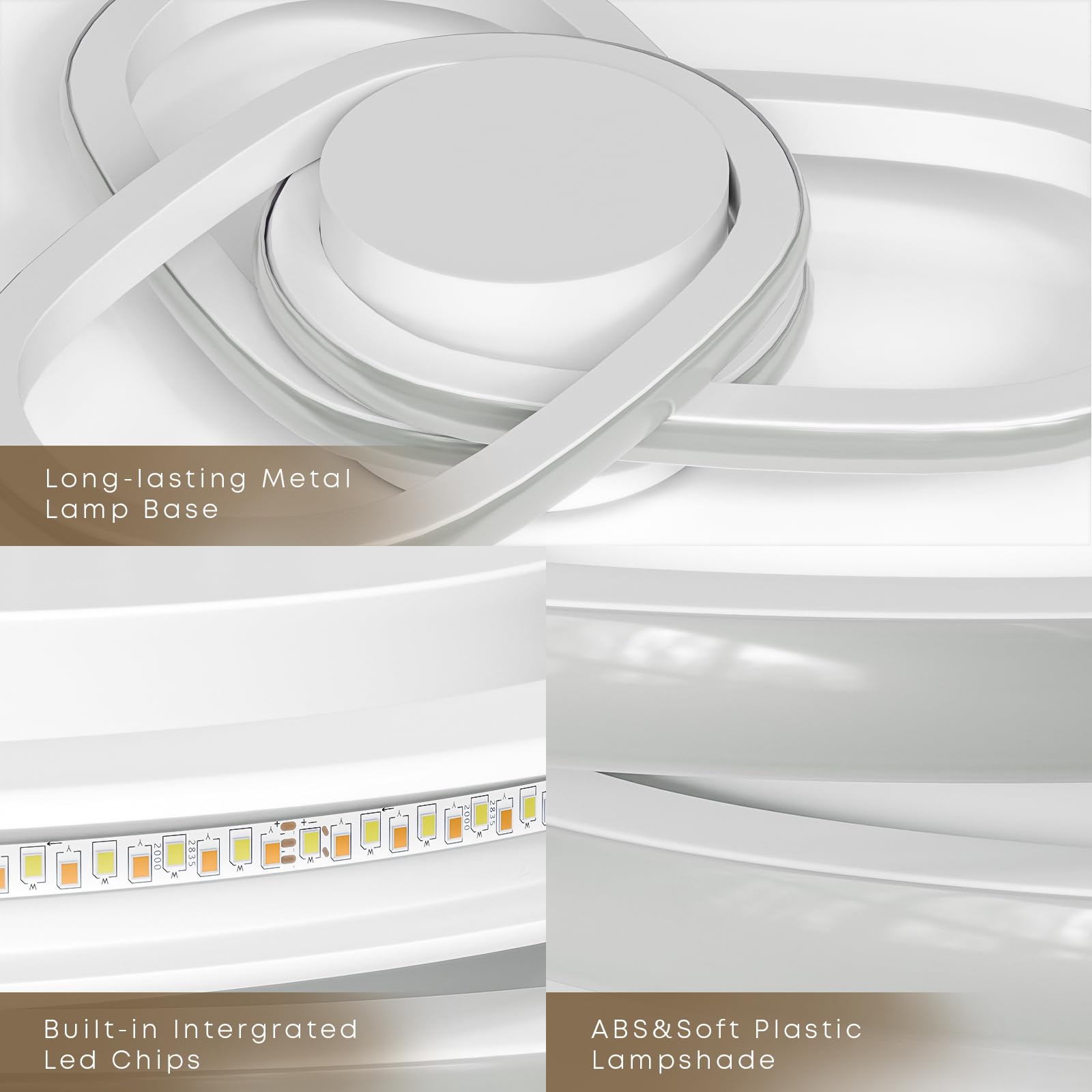 LED-Deckenleuchte, Detail mit weißem Lichtkranz aus Acryl und runder Metallbasis
