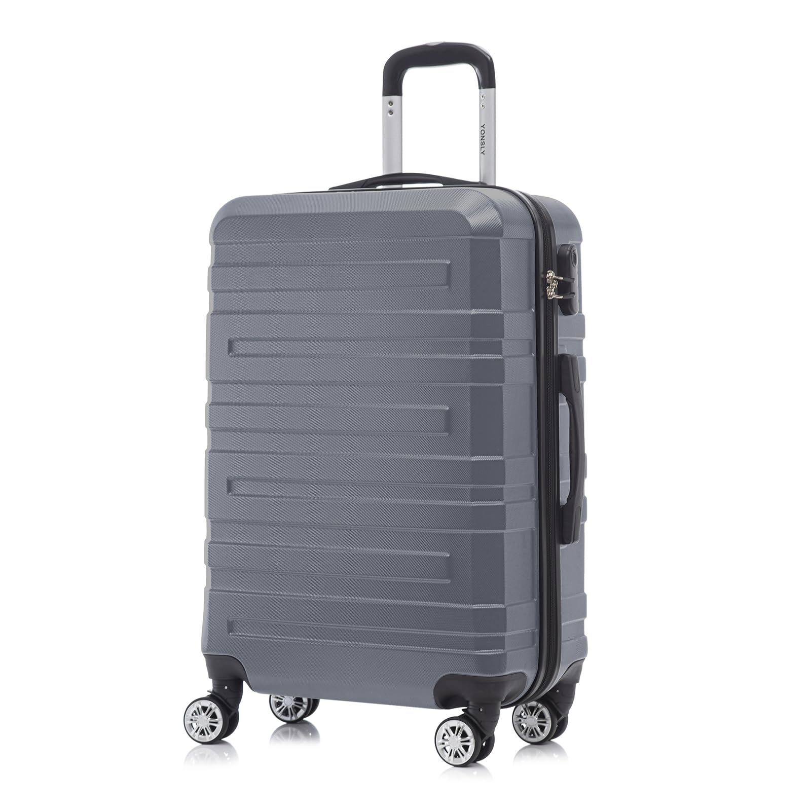 Hartschalen-Reisekoffer mit Trolleygriff, 4 Rollen, dunkelgrau, gerippte Front