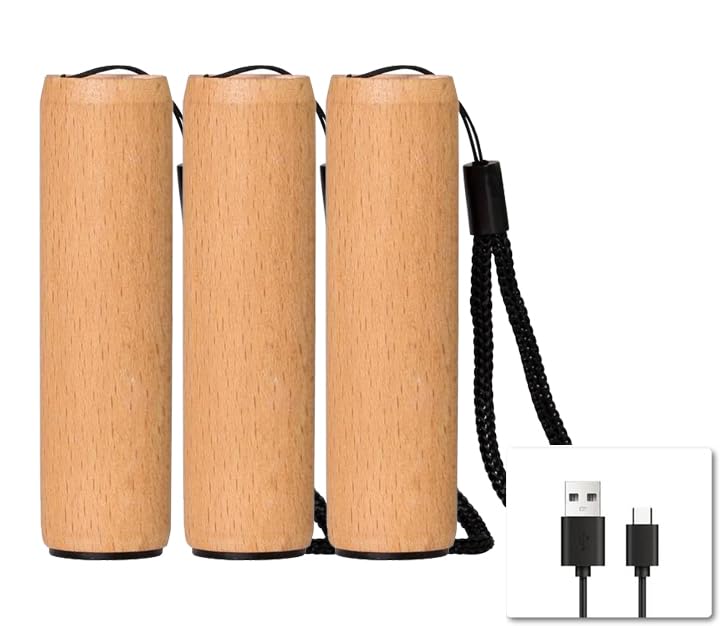 Set Mini-Taschenlampen mit Holzschale, drei Stück, schwarze Trageschnur