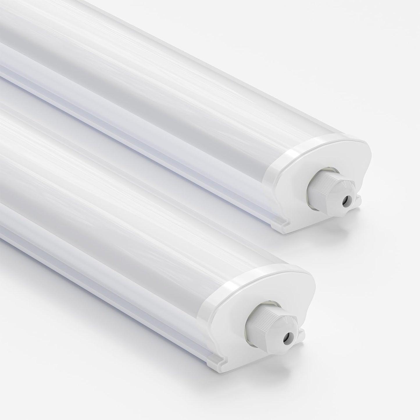 LED-Feuchtraumleuchte, weißes Wannen-Gehäuse mit zwei Endkappen für LED-Röhren