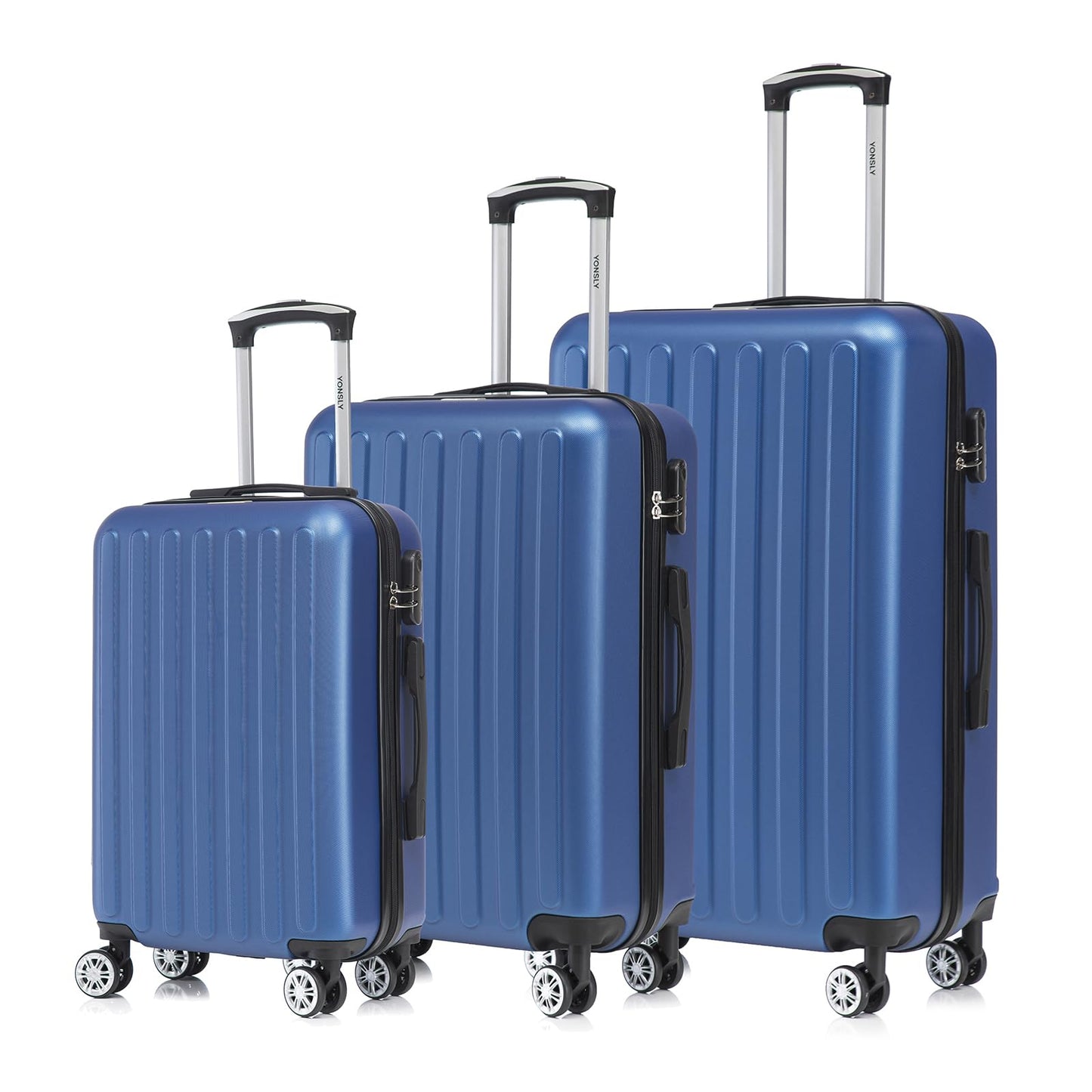 Hartschalen-Kofferset (3-teilig) in Blau mit Trolleygriff, 4 Rollen und Schloss