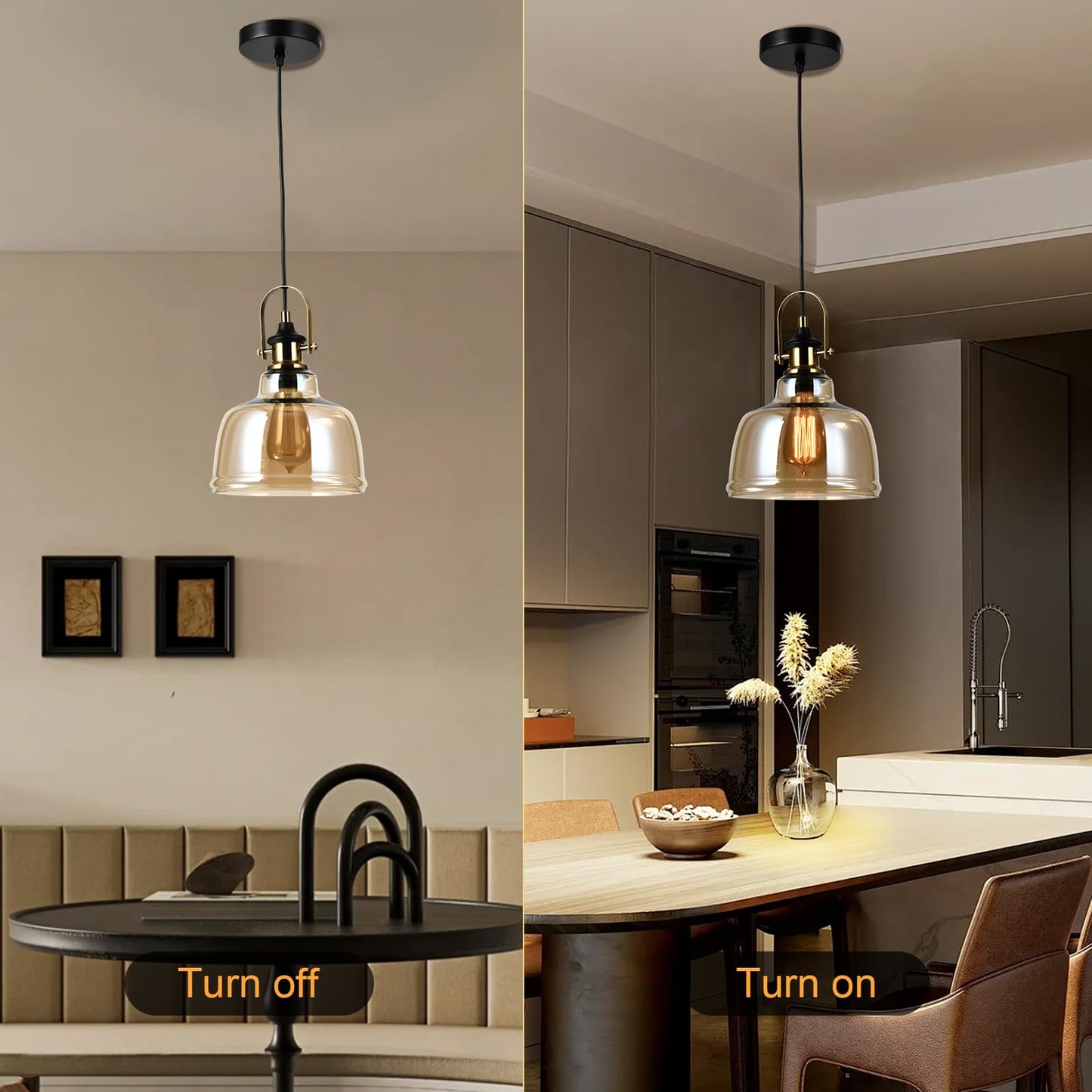 Pendelleuchte mit Glaskuppel und sichtbarer Filamentlampe, goldschwarzes Metallgestell