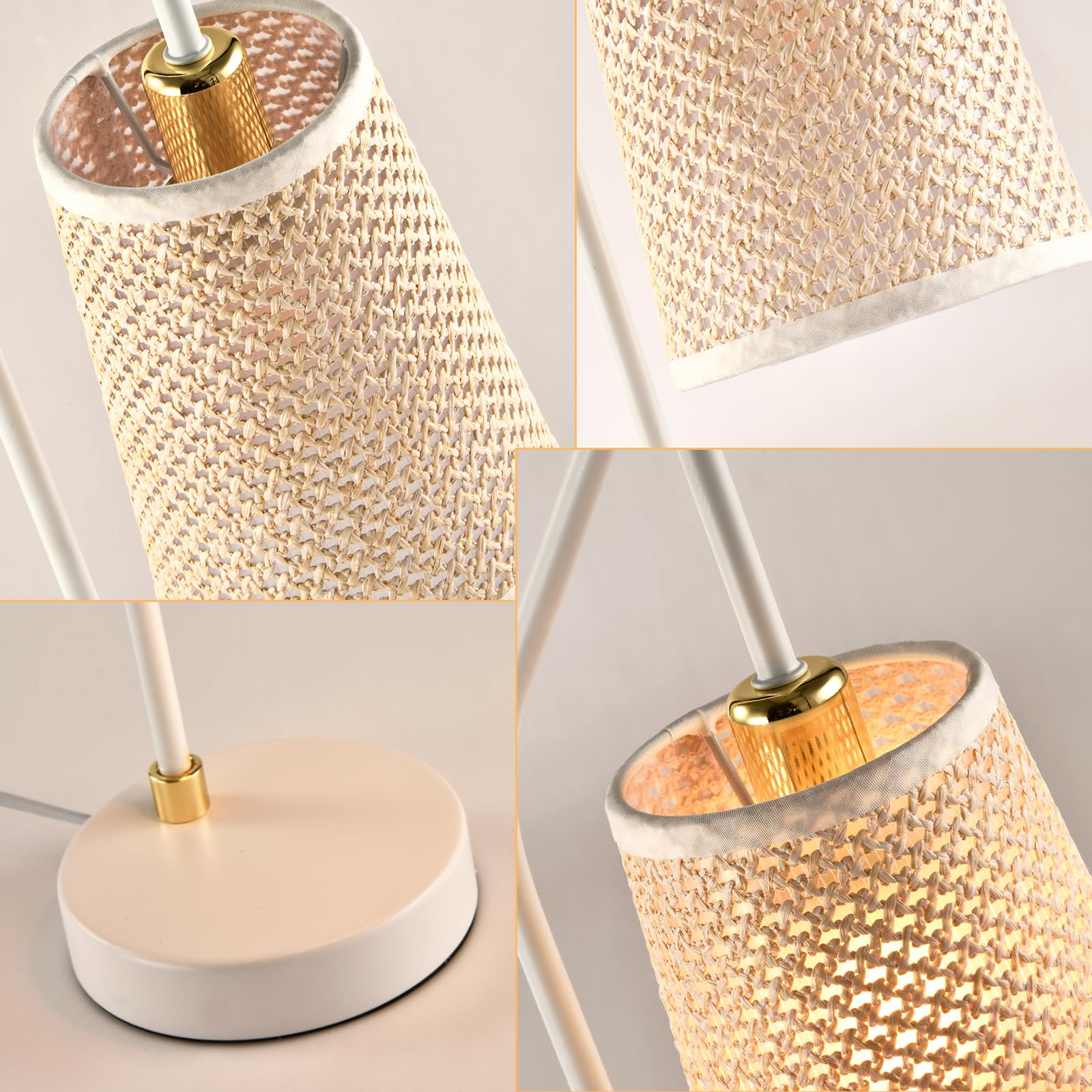 Tischlampe Nahansicht: beiger Stoffschirm, goldfarbene Fassung und weißer runder Fuß