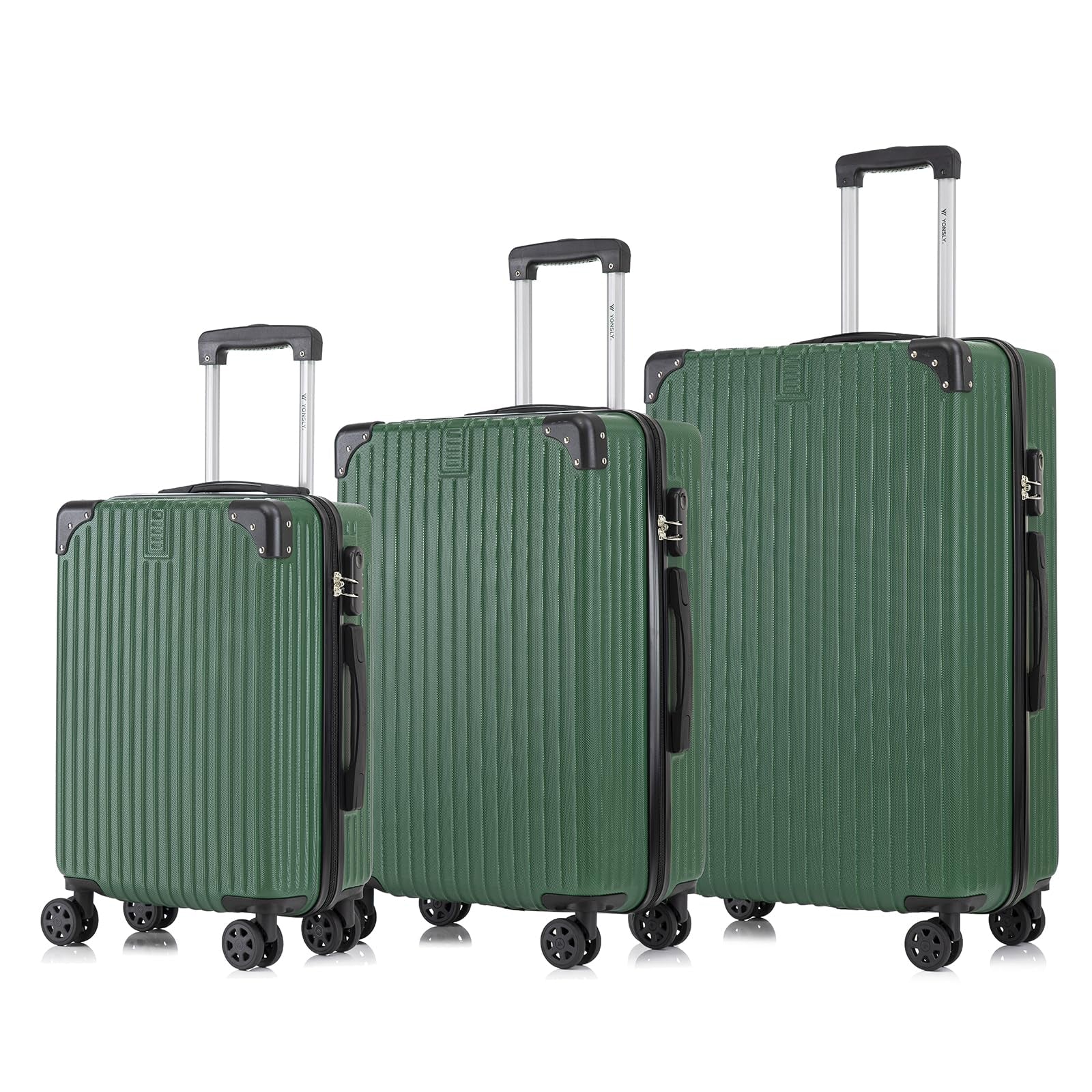 Trolley-Reisekoffer-Set aus Hartschale, 3 teilig, dunkelgrün mit 4 Rollen