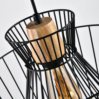 Schwarze Pendelleuchte mit Metallstäben und Holzdeckel am Lampenschirm, E27