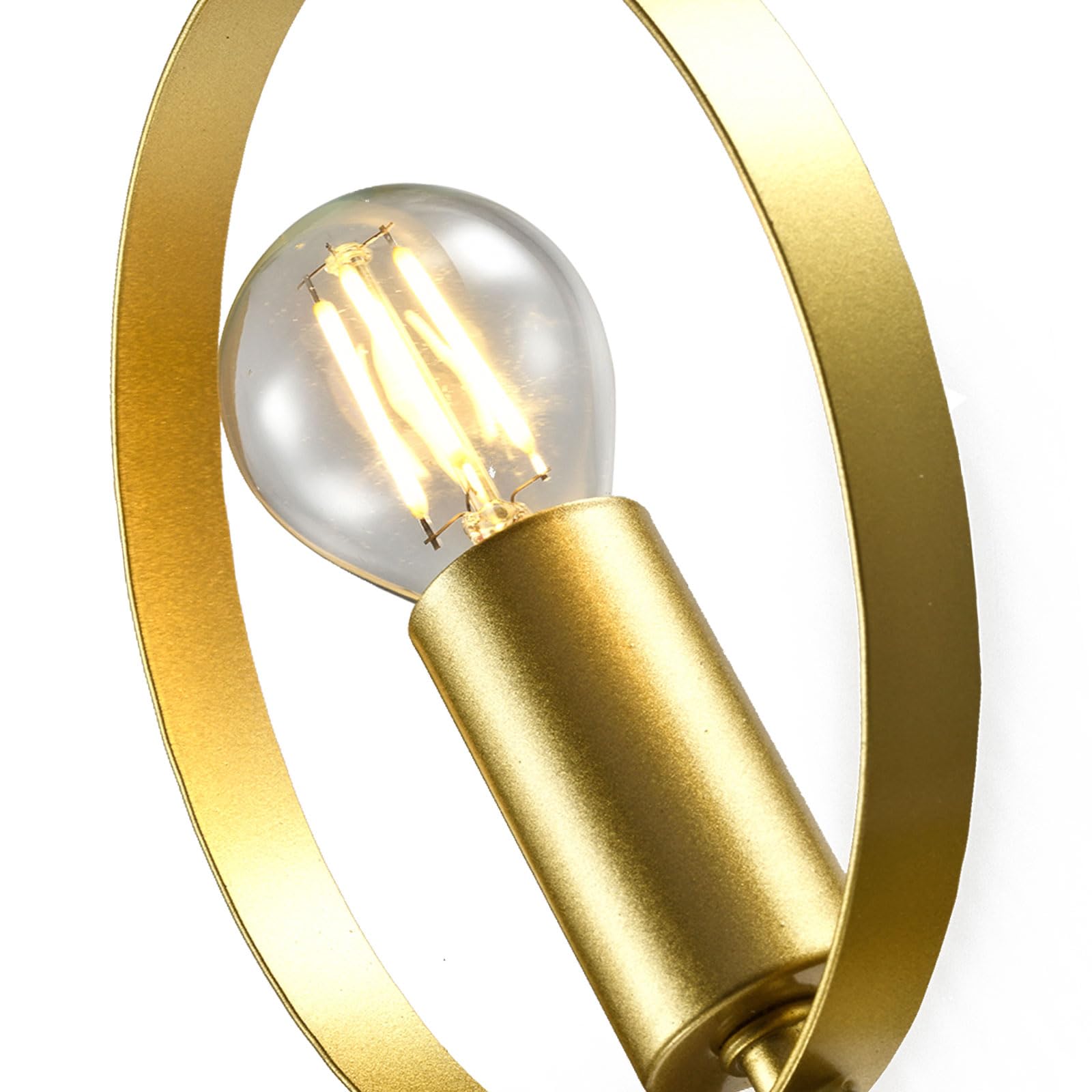 Goldene Wandleuchte im Detail: Glasleuchte in rundem Ring mit zylindrischem Schaft