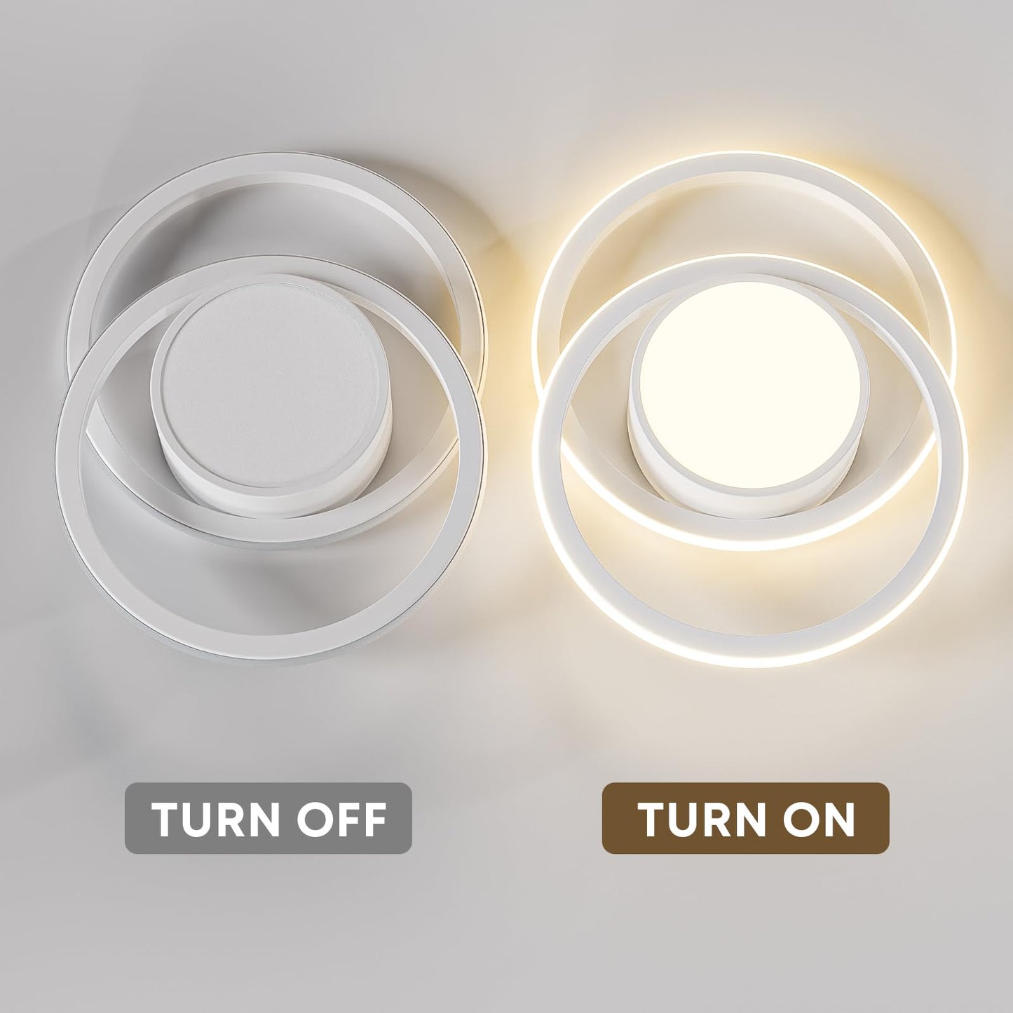 LED-Deckenleuchte mit zwei Ringen, weiß, ein Ring leuchtet, rundes flaches Design