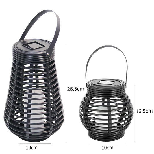 Schwarze Solarlaterne mit Tragegriff und Rattan-Gitter, warmes Licht, Maße im Bild