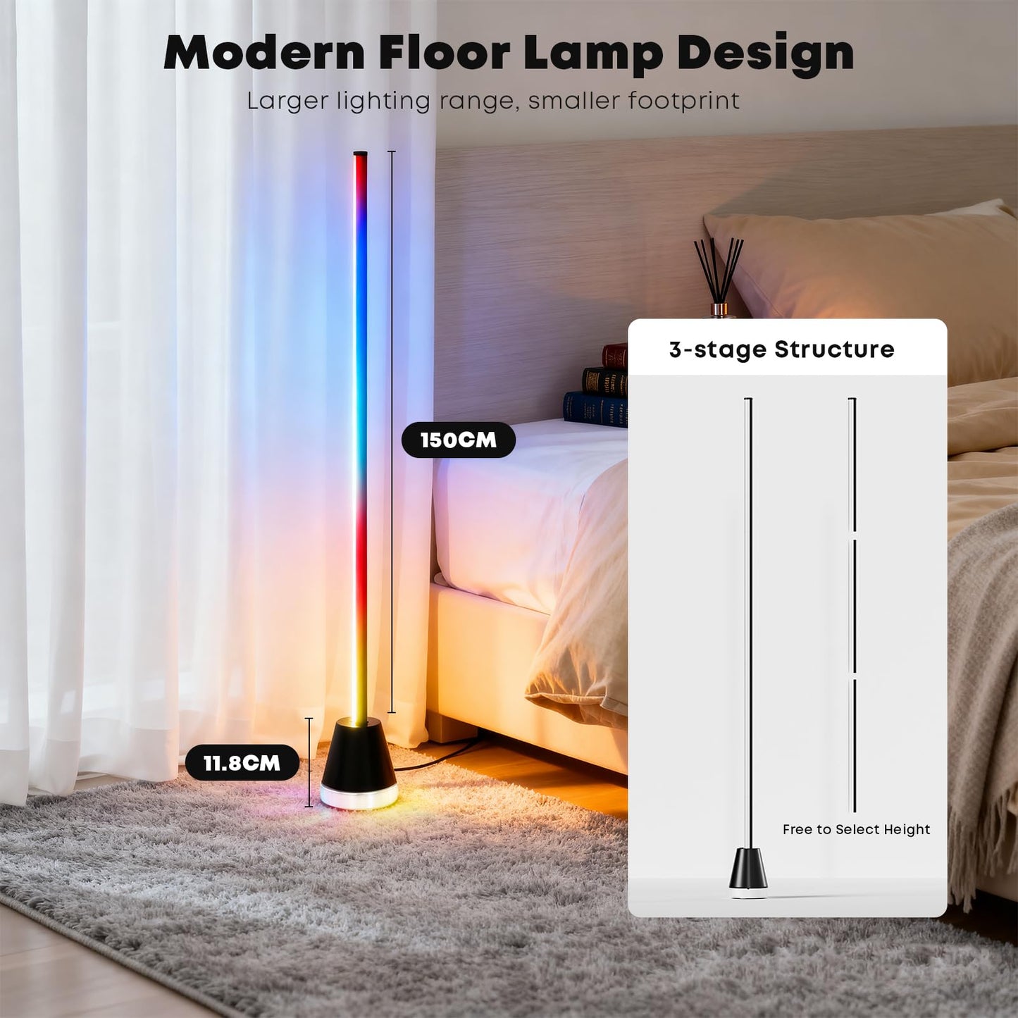 RGBIC-LED-Stehlampe mit Lichtstab, schwarzer Basis und Höhenmaß 150 cm auf der Anzeige