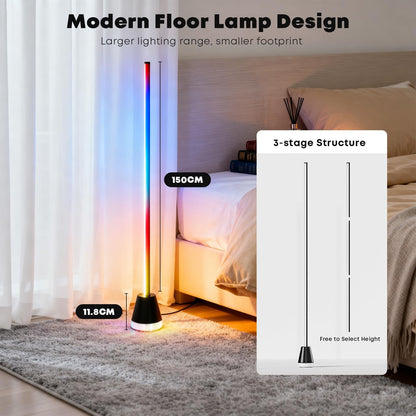 RGBIC-LED-Stehlampe mit Lichtstab, schwarzer Basis und Höhenmaß 150 cm auf der Anzeige
