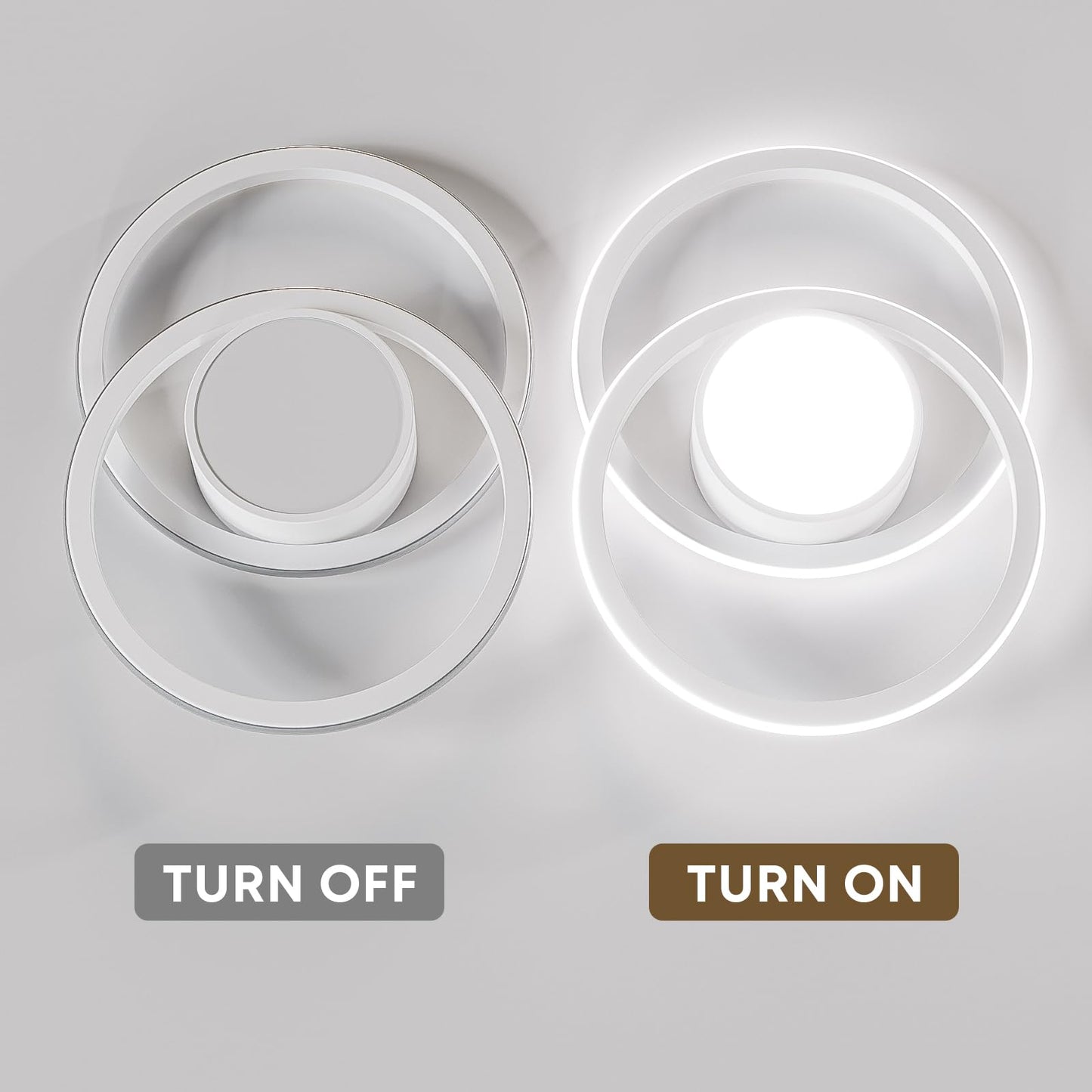 LED-Deckenleuchte mit zwei Ringöffnungen, links aus, rechts beleuchtet, weißer Rahmen