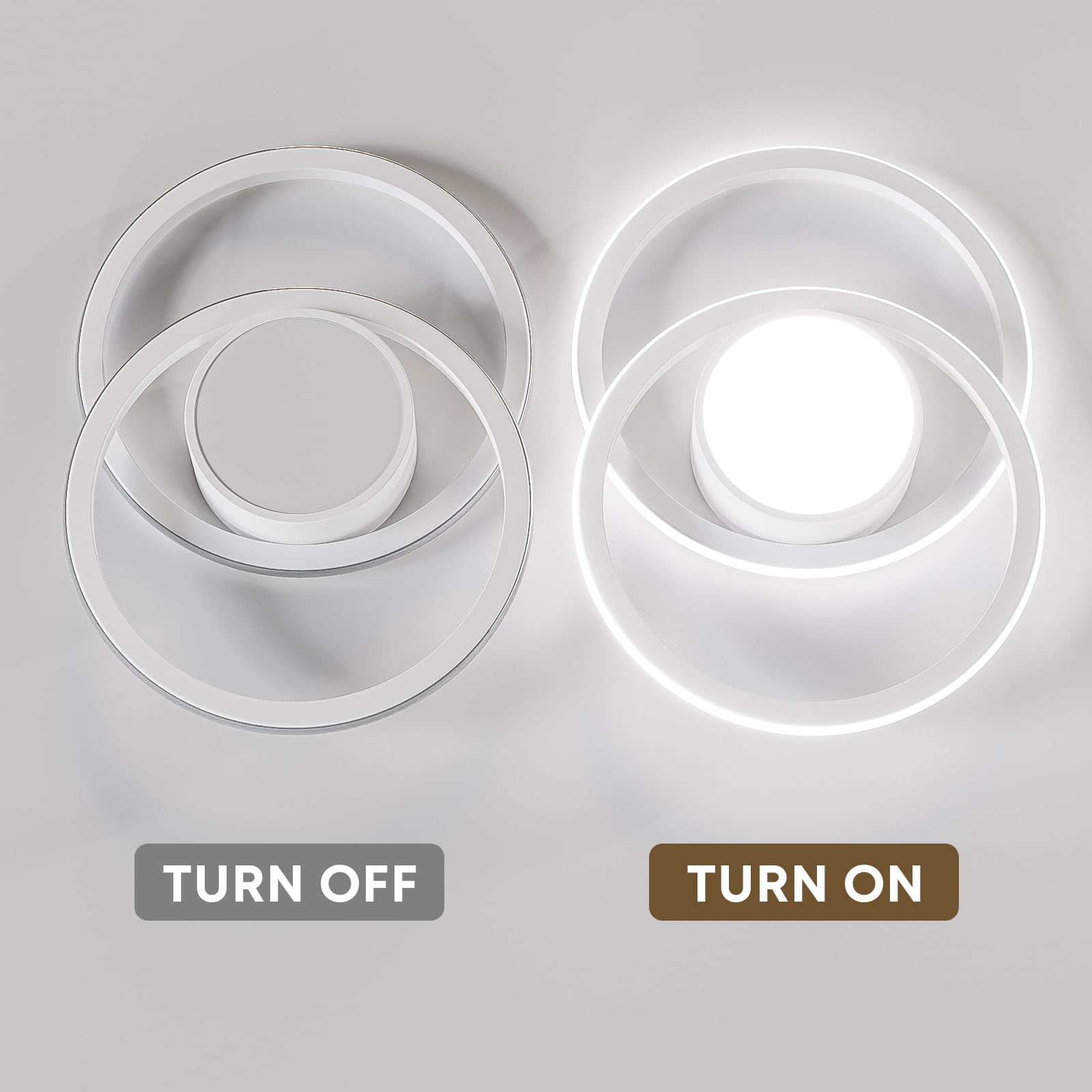 LED-Deckenleuchte mit zwei Ringöffnungen, links aus, rechts beleuchtet, weißer Rahmen