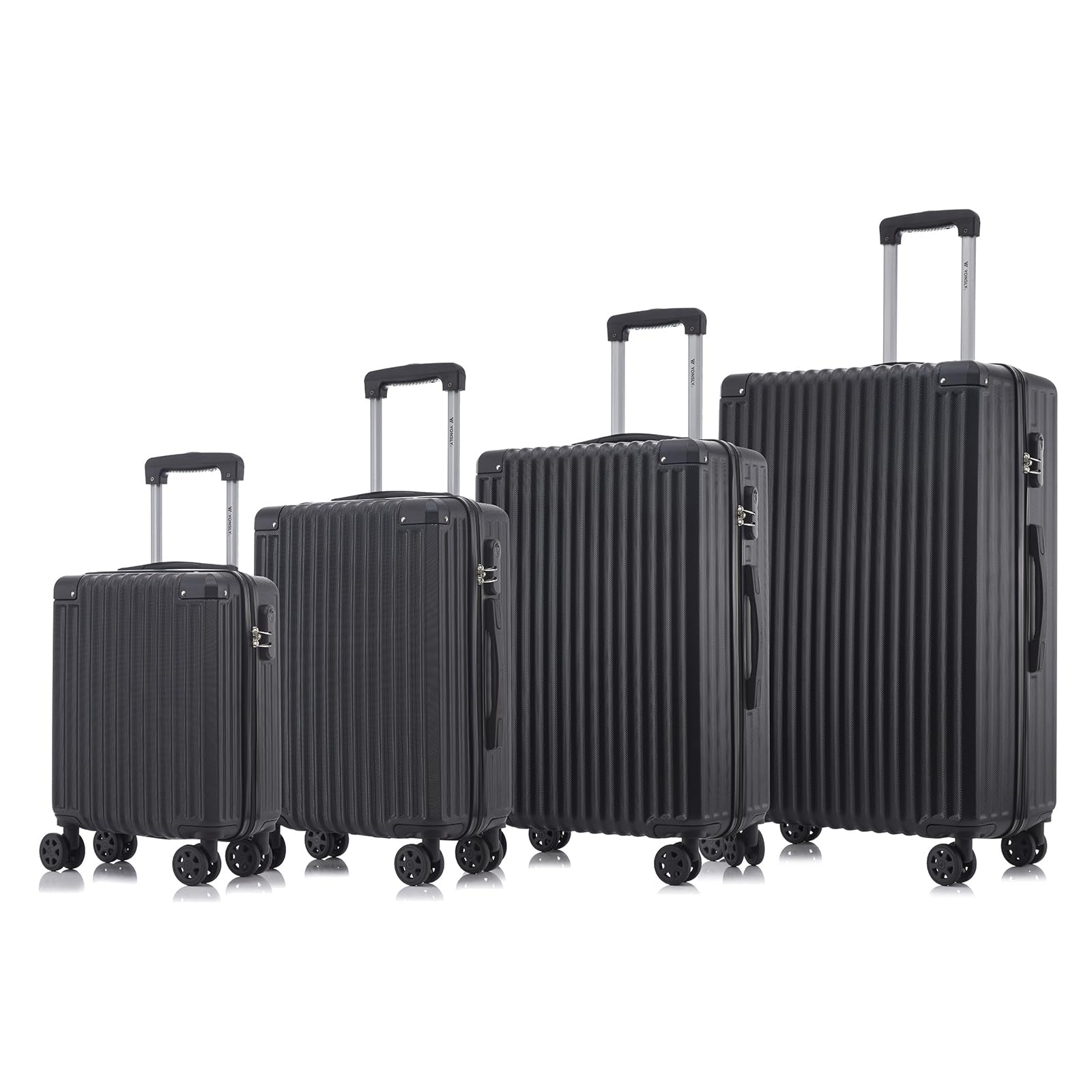 YONSLY® Kofferset mit 4 Rollkoffern, Hartschale, 360°-Rollen, Zahlenschloss, schwarz