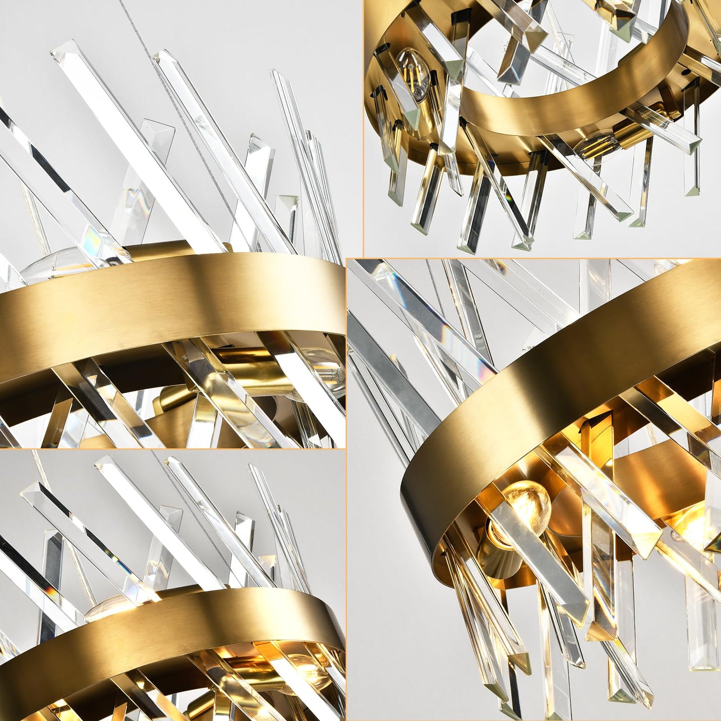 LQWELL® Kristallkronleuchter: Champagner-Gold Rahmen mit hängenden, klaren Kristallen