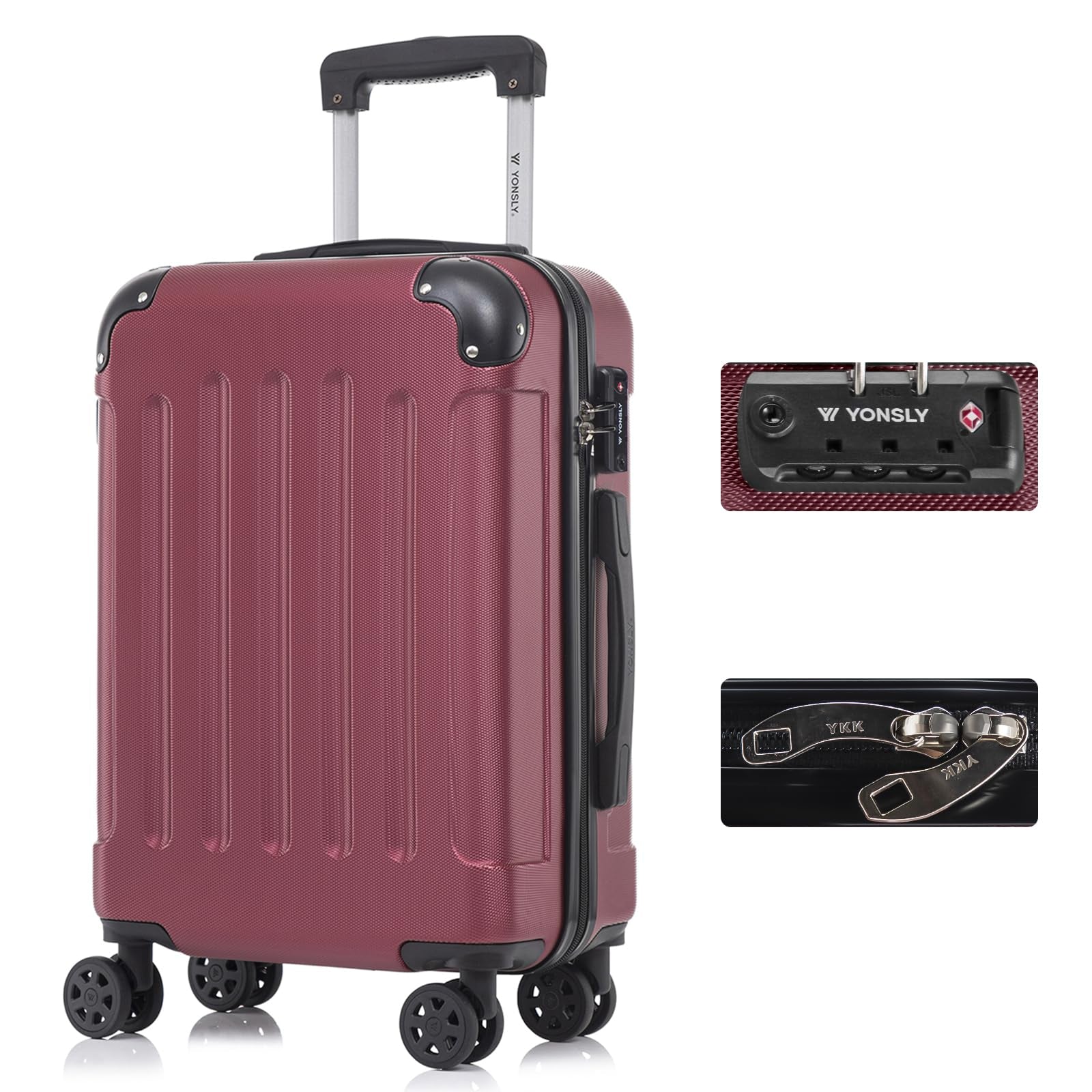 YONSLY® Hartschalen-Kabinentrolley, weinrot, TSA-Schloss, 4 Rollen, YKK-Reißverschluss