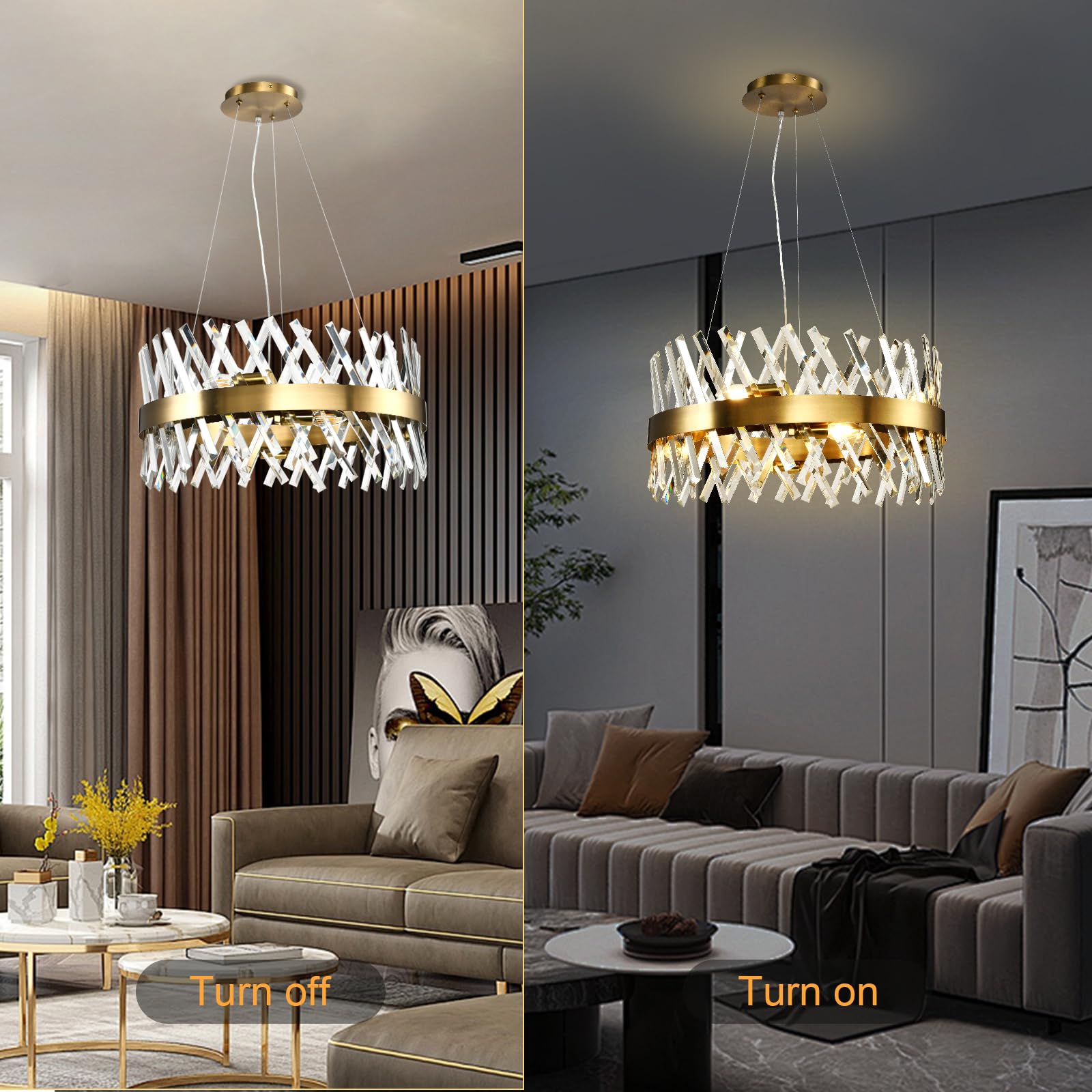 Kronleuchter im Wohnzimmer mit champagnergoldenem Ring und Kristallprismen, an und aus