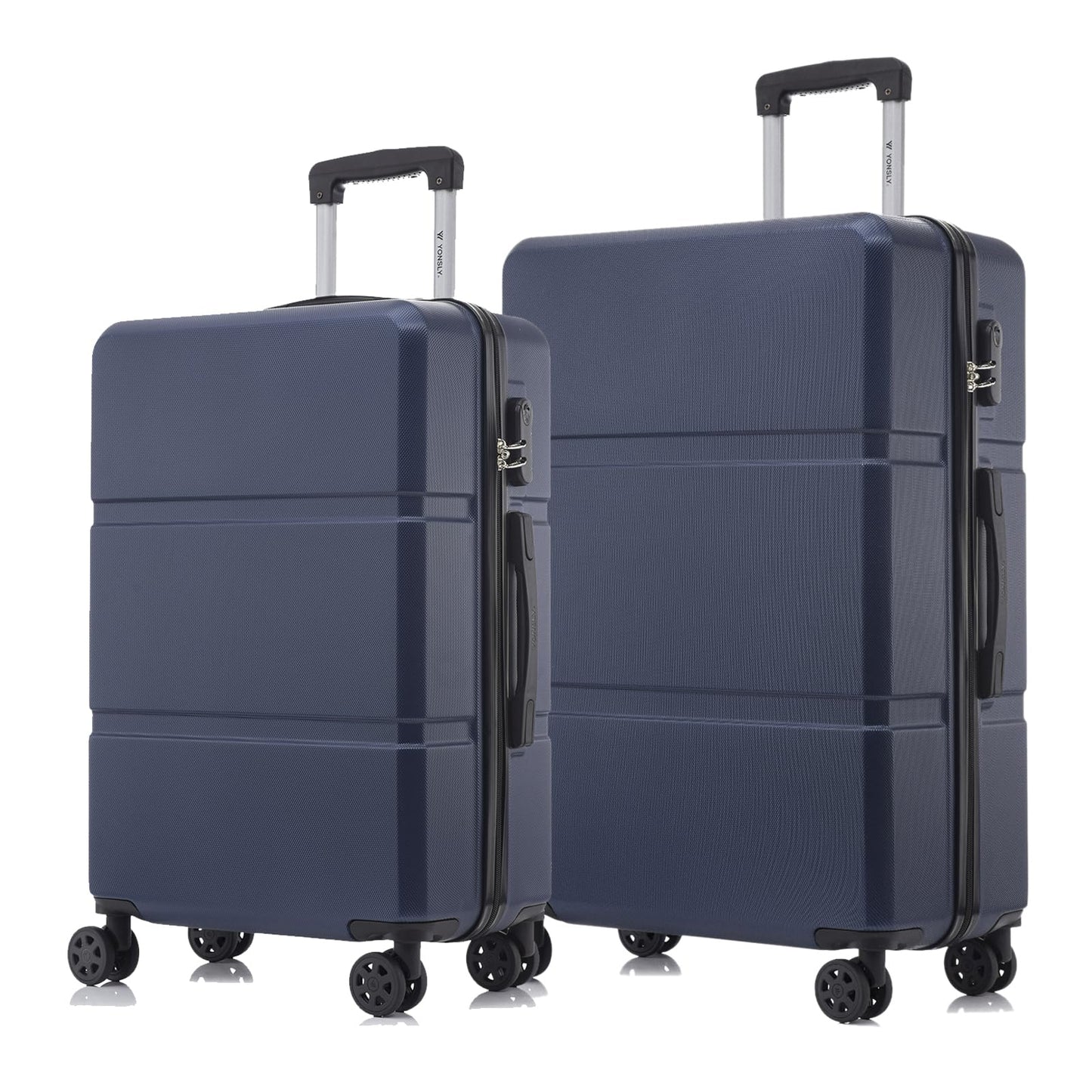 Zwei Hartschalen-Trolley-Reisekoffer mit 4 Rollen, ausziehbarem Griff, dunkelblau.