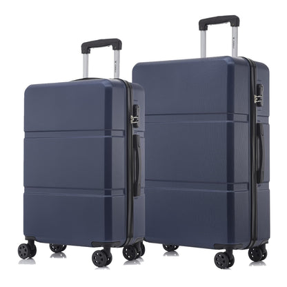 Zwei Hartschalen-Trolley-Reisekoffer mit 4 Rollen, ausziehbarem Griff, dunkelblau.