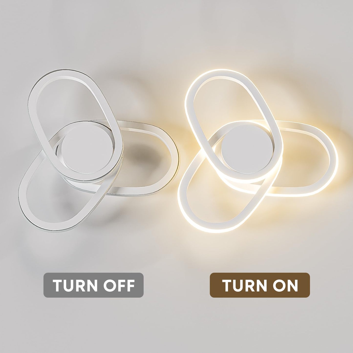 LED-Deckenleuchte mit weißem Ringdesign, links aus, rechts an mit runder Abdeckung