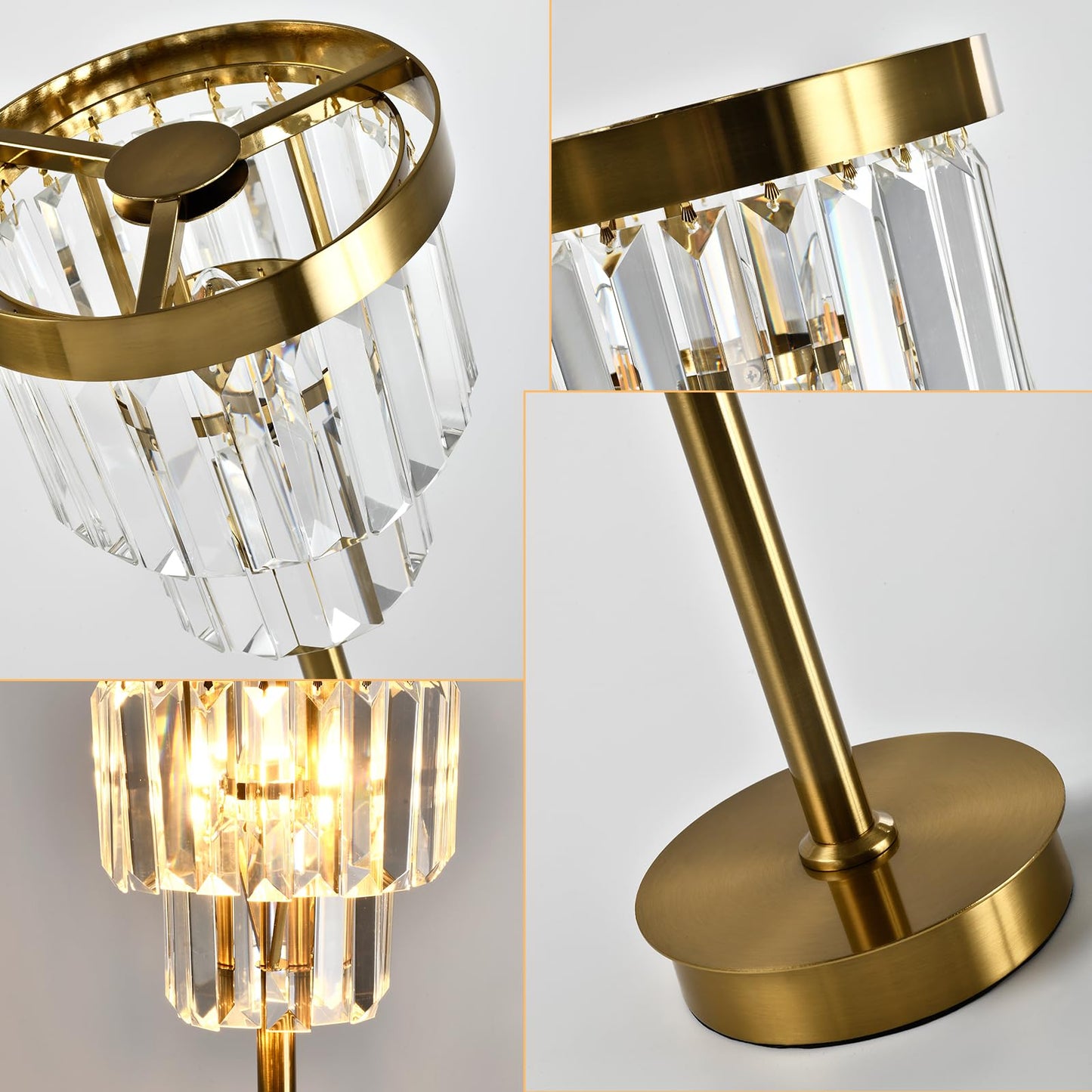 Goldfarbene Kristall-Tischlampe mit zylindrischem Schirm und klaren Kristallhängen