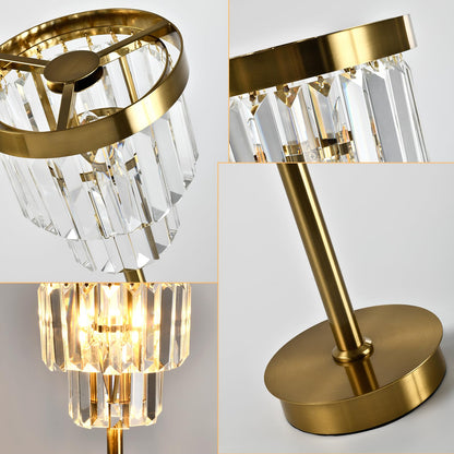 Goldfarbene Kristall-Tischlampe mit zylindrischem Schirm und klaren Kristallhängen