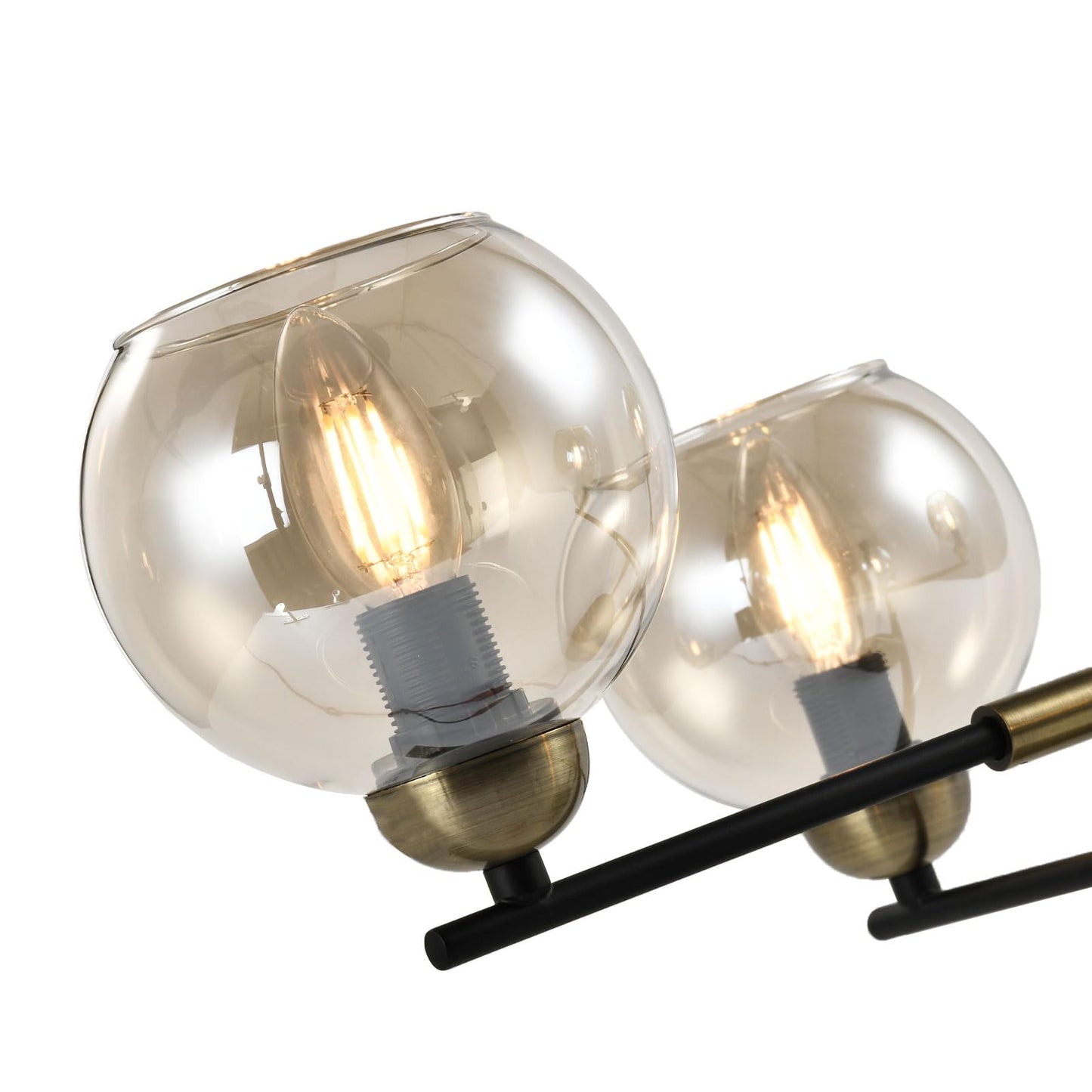Kugelgläser der Deckenleuchte mit sichtbaren Glühlampen, transparentes Glas, schwarze Metallarme