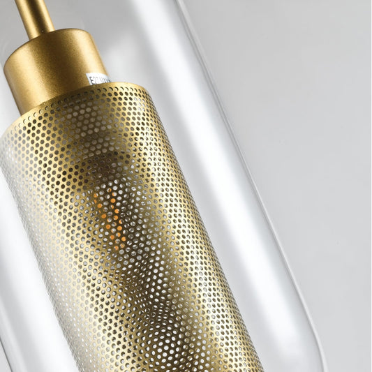 Goldener Metall-Lampenschirm mit Lochmuster und durchscheinendem Glaskorpus
