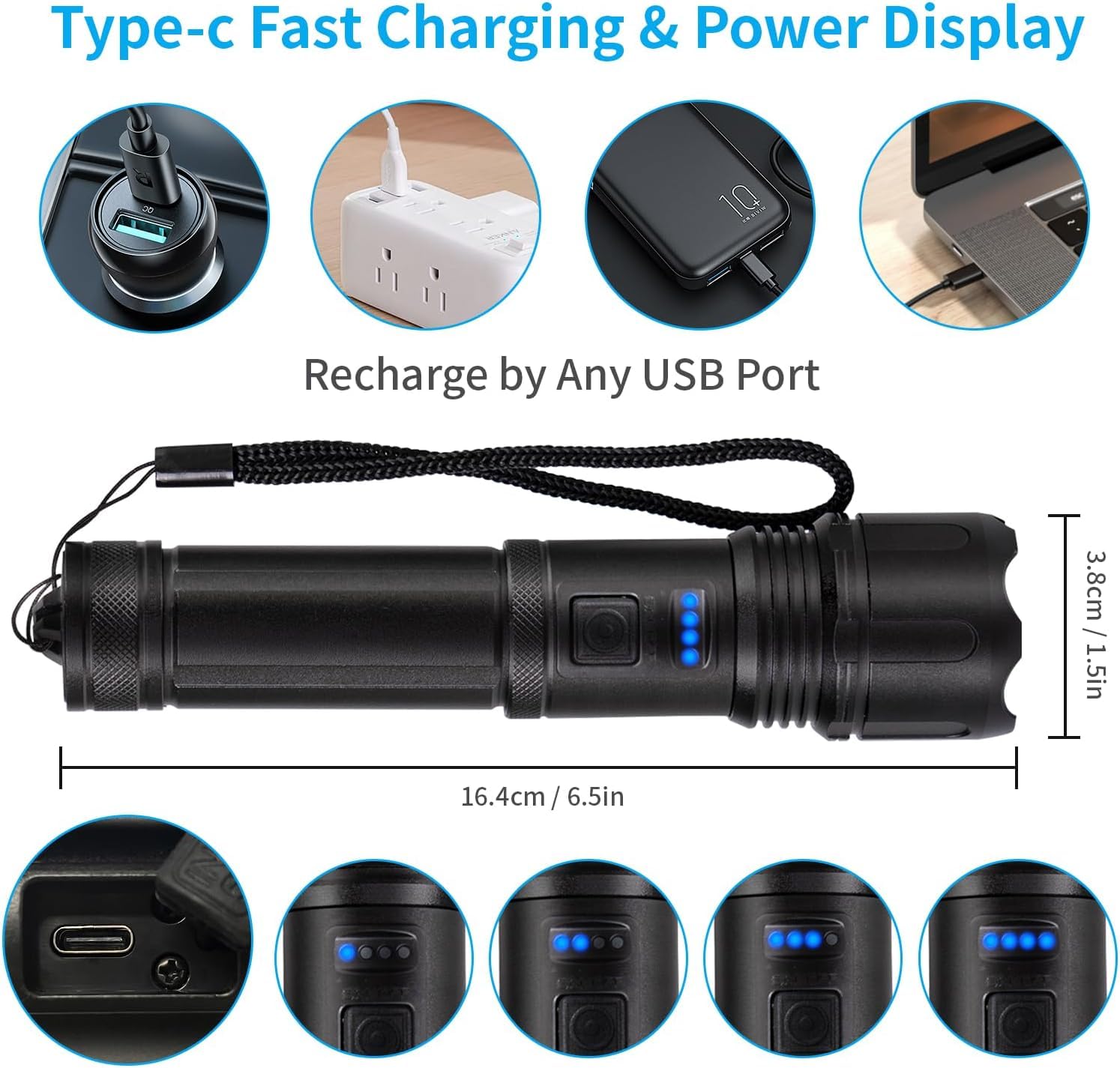Schwarze LED-Taschenlampe mit USB‑C-Ladeanschluss und blauer Leistungsanzeige