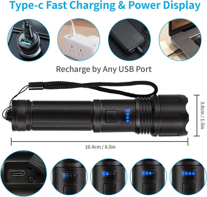 Schwarze LED-Taschenlampe mit USB‑C-Ladeanschluss und blauer Leistungsanzeige