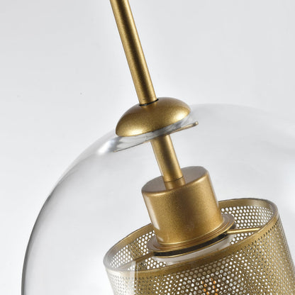 Globe-Pendelleuchte mit goldenem Aufhängestab und Metallfassung im klarem Kugelglas