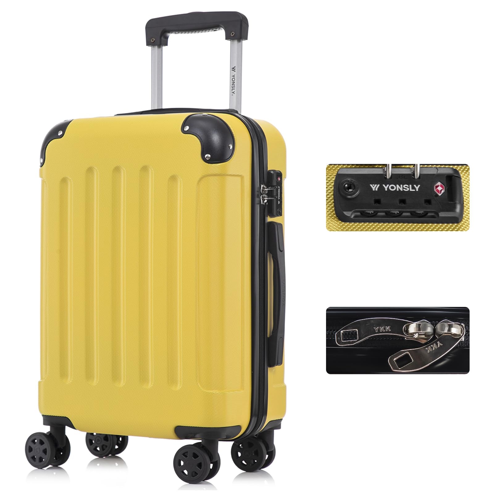 YONSLY® Hartschalen-Kabinentrolley, gelb, TSA-Schloss, 4 Rollen, YKK-Reißverschluss
