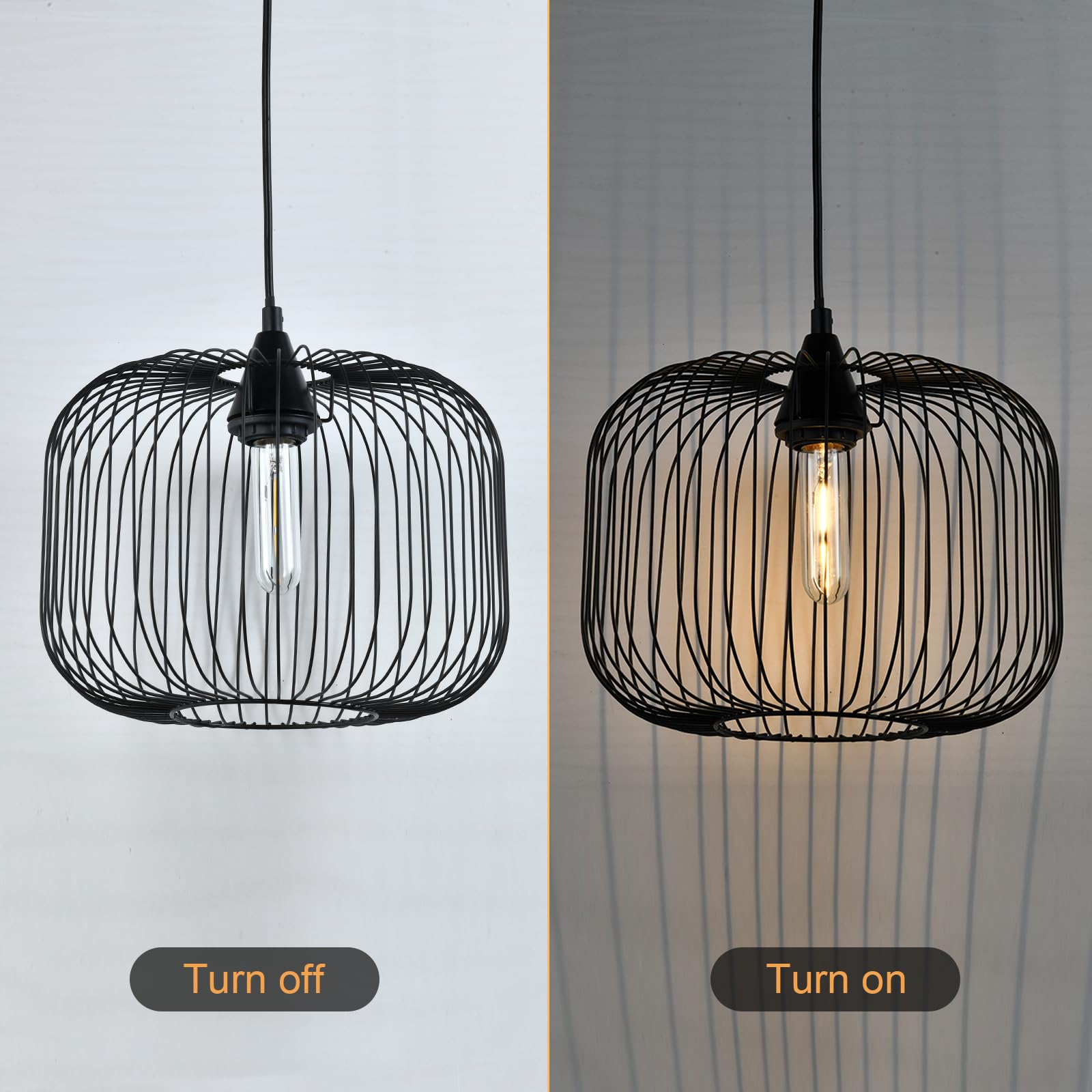 Schwarze Pendelleuchte mit Drahtkäfig, links aus, rechts eingeschaltet