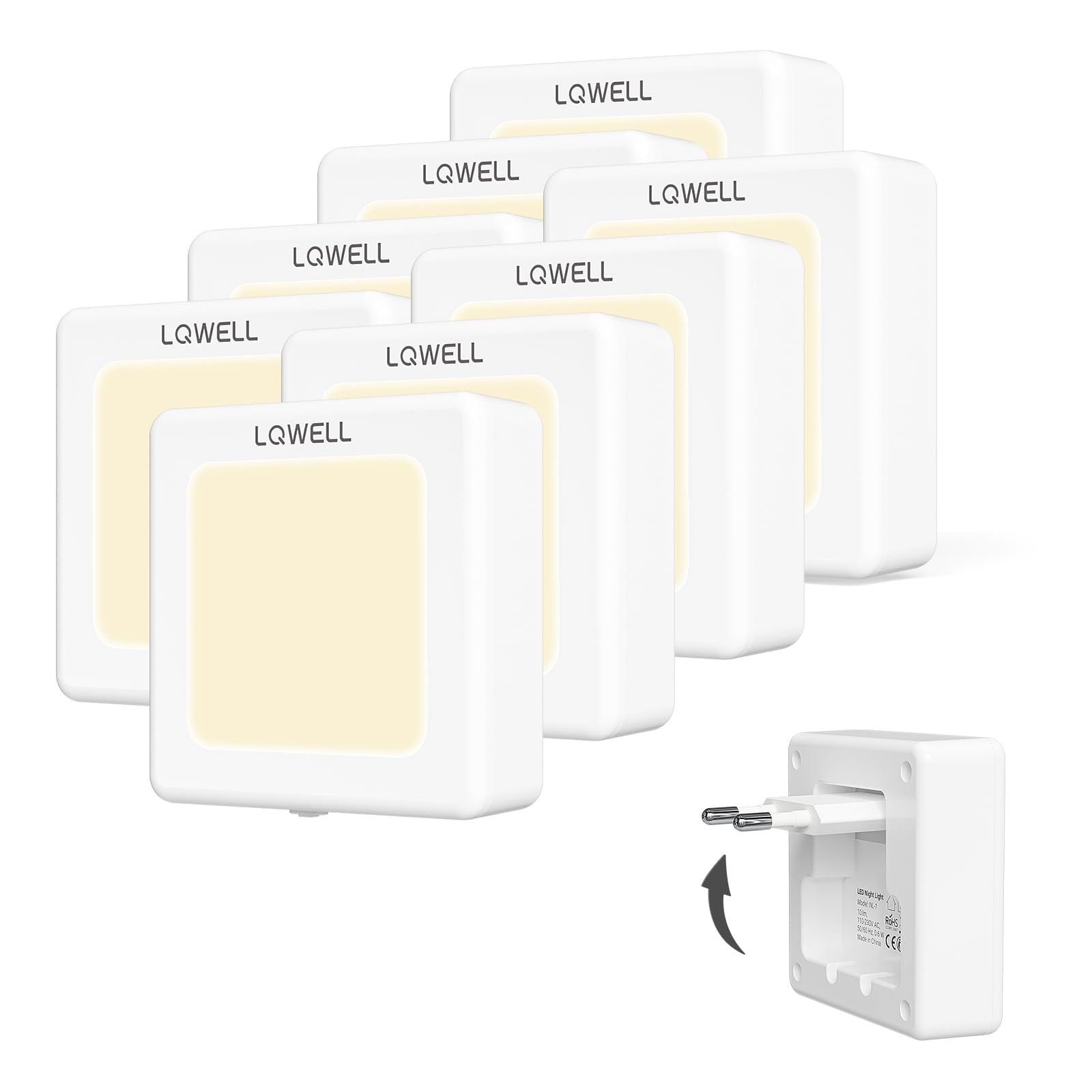 LQWELL Nachtlicht-Steckdosen-Set, warmweißes Licht, faltbarer Plug, weißes Gehäuse