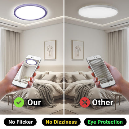 LED-Deckenleuchte LQWELL, runder flacher Ring mit lila Umrandung, gleichmäßiges Licht