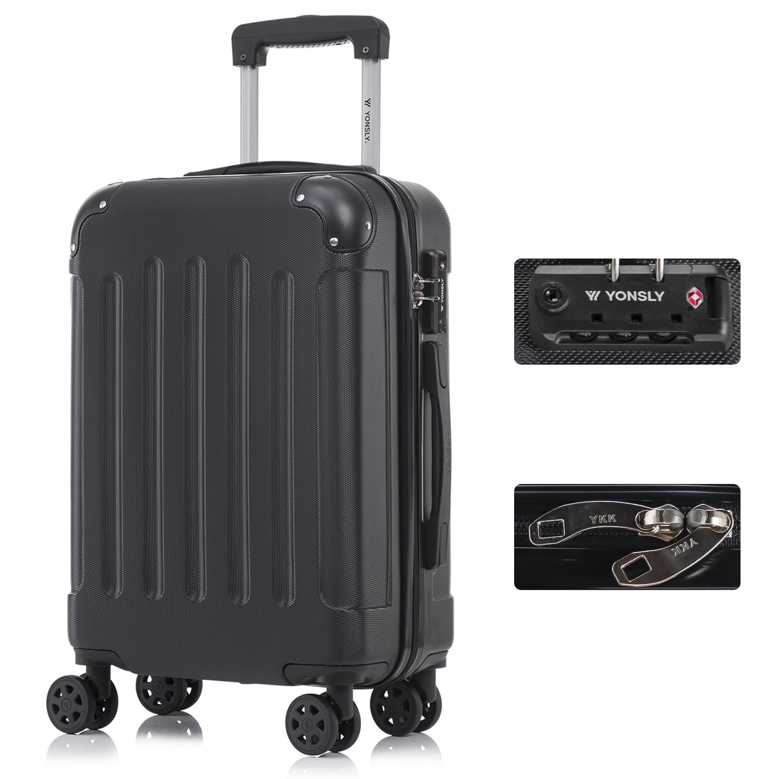 Hartschalen-Reisekoffer in Schwarz mit TSA-Schloss, 4 Doppelrollen und ausziehbarem Trolleygriff.