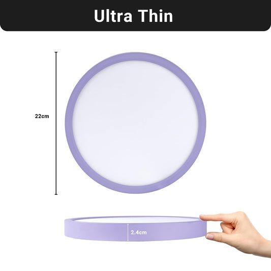 Flache LED-Deckenleuchte LQWELL, runder Ring mit lila Außenrahmen, ultra-dünnes Profil