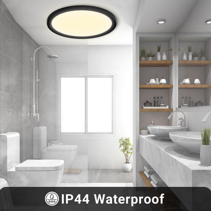 IP44 spritzgeschützte runde LED-Deckenleuchte mit schwarzem Rahmen, warmweiß