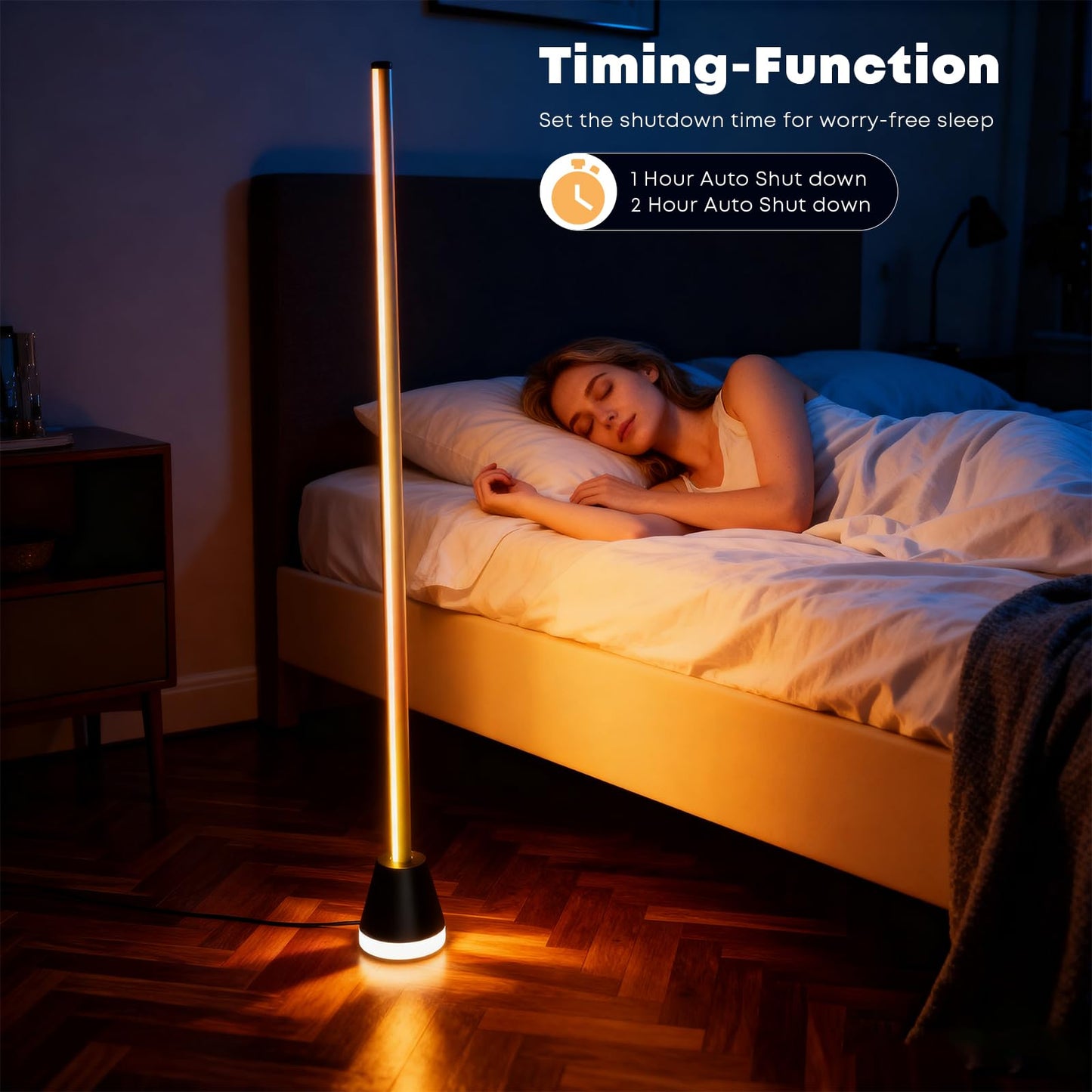 RGBIC-LED-Stehlampe im Schlafzimmer mit warmem Lichtstab und schwarzem Fuß