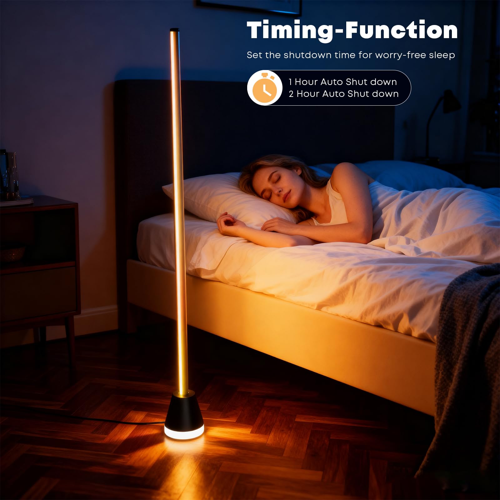 RGBIC-LED-Stehlampe im Schlafzimmer mit warmem Lichtstab und schwarzem Fuß