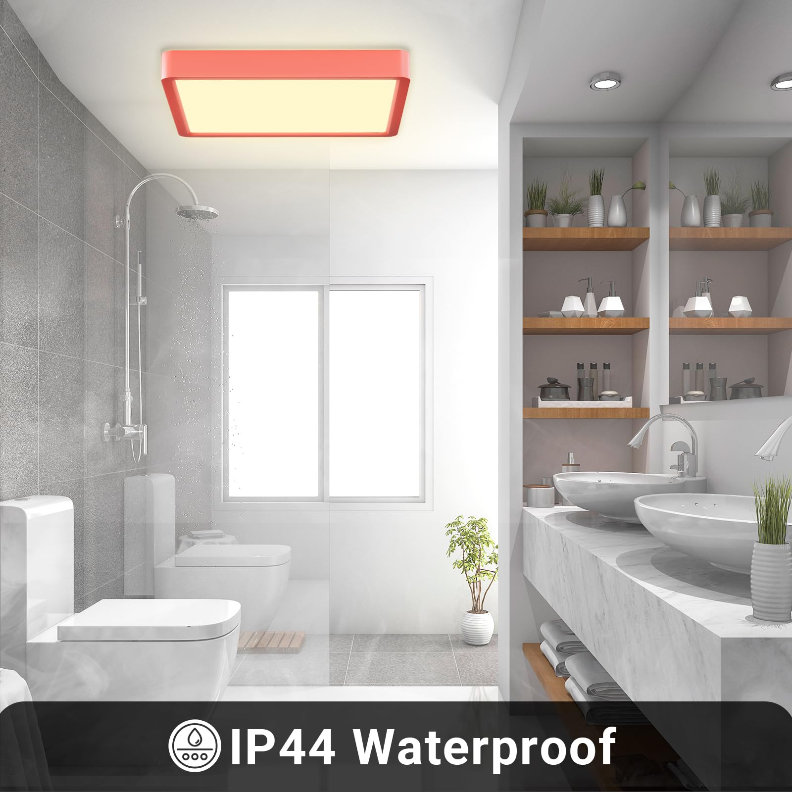 Quadratische LED-Deckenleuchte mit rotem Rand und warmweißem Licht, flach