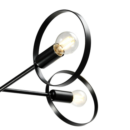 Deckenleuchte mit schwarzen Rundrahmen und Glaskolben, mattschwarze Metallstreben.
