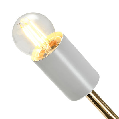 Deckenleuchte mit goldener Fassung und transparentem Leuchtmittel im weißen Zylinder