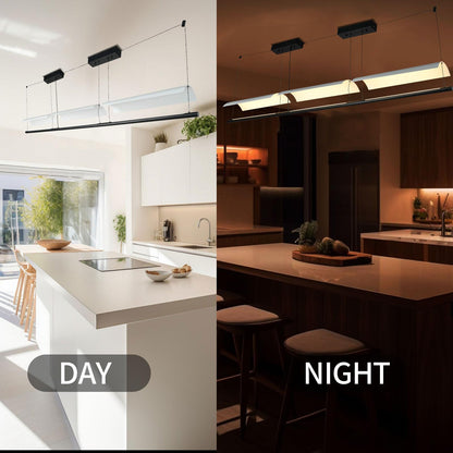 LED-Pendelleuchte im Vergleich Tages- und Nachtwirkung, mehrere weiße Lichtmodule