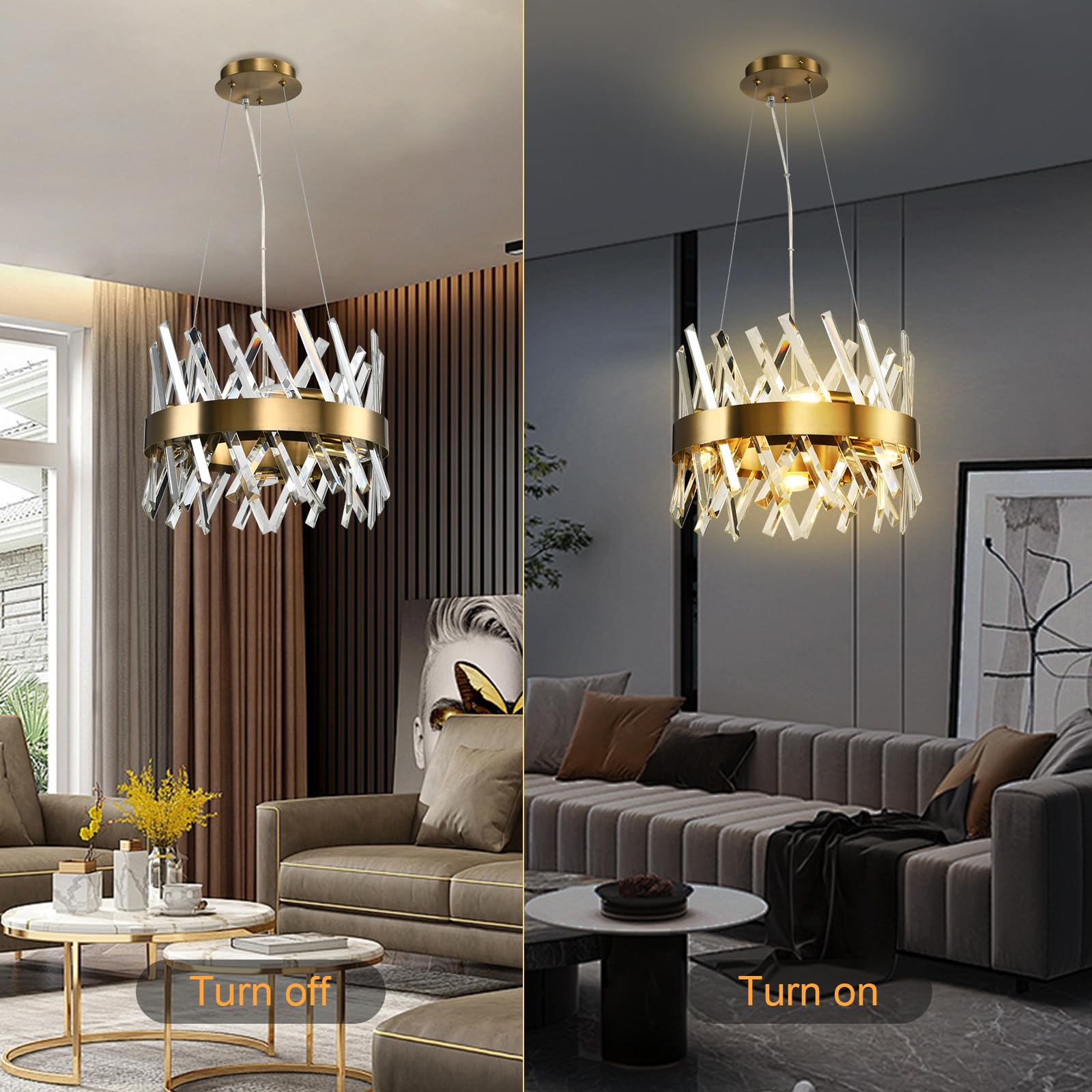 LQWELL® Hängeleuchte mit Champagner-Gold Fassung und klaren Kristallhändlern (offen/beleuchtet)
